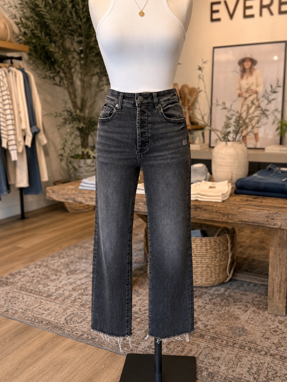 Evereve The Ever Straight Cropped High Rise Button Fly Black Jeans Raw Hem 2